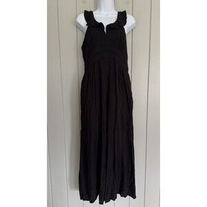 Anthropologie Maeve Wide Leg Black Ruffle Neckline Jumpsuit 8 Pockets V-Neck